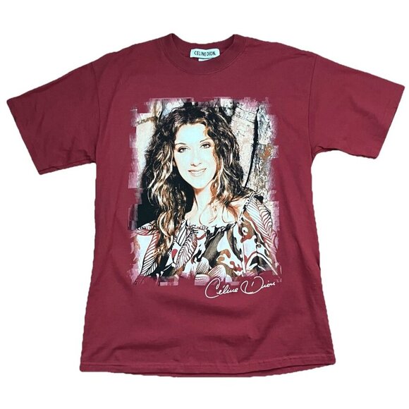 Y2K Celine Dion T-shirt Mens M Red Pink Graphic Tour Band Tee - Picture 1 of 6